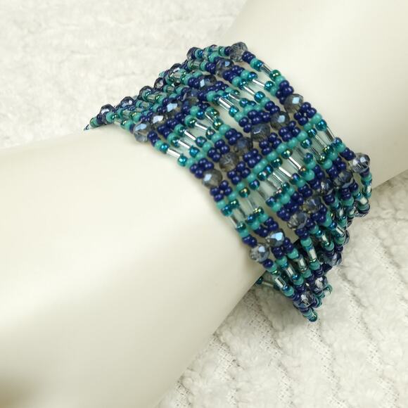HANDMADE  Teal & Aqua Netted  Cuff Bracelet OS Coastal Boho Casual - Picture 1 of 7